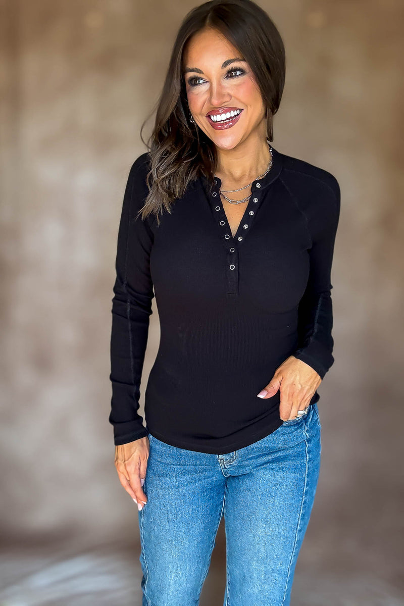 Essential Black Long-sleeved Micro-ribbed Henley Top