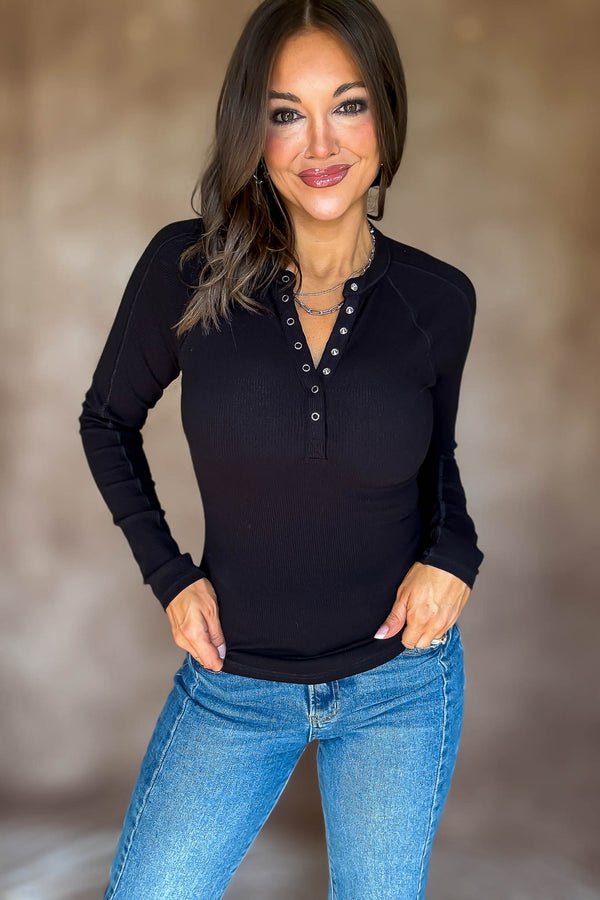 Essential Black Long-sleeved Micro-ribbed Henley Top