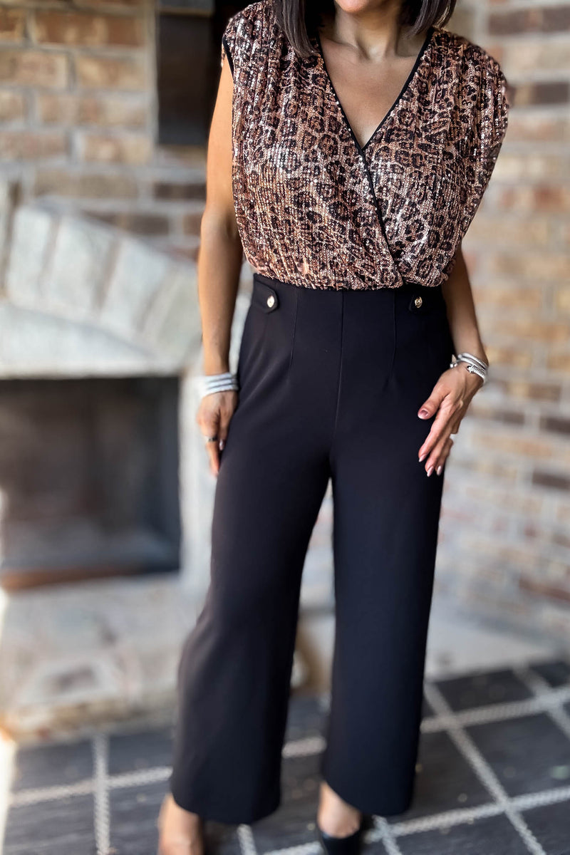 Black Jersey Darted Tab Trim Wide Leg Trousers