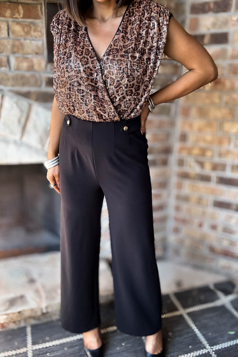 Black Jersey Darted Tab Trim Wide Leg Trousers
