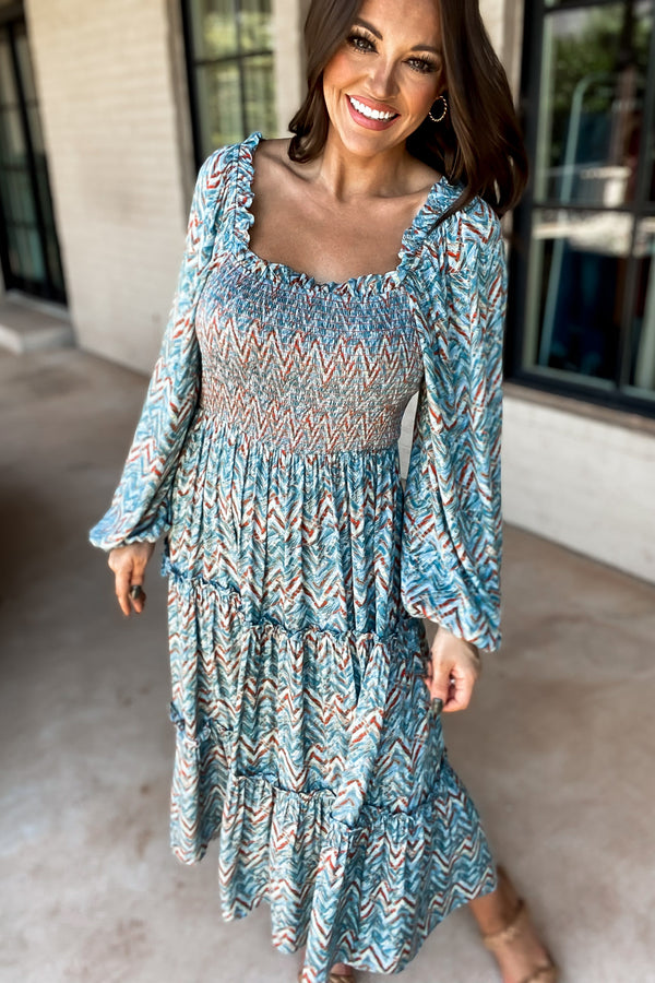 Tell Me More Teal Geometric Print Smocked Body Midi Dress