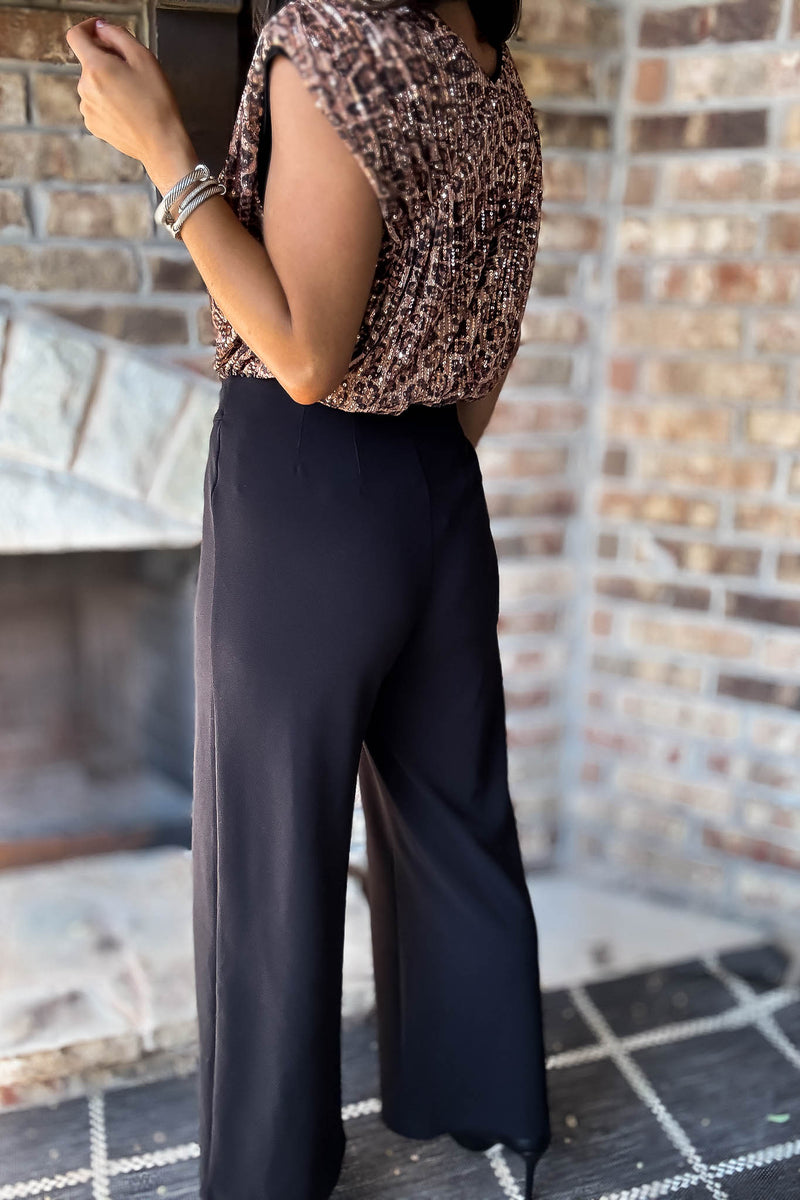 Black Jersey Darted Tab Trim Wide Leg Trousers