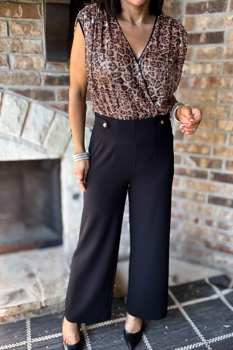 Black Jersey Darted Tab Trim Wide Leg Trousers