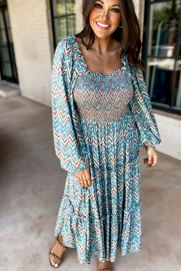 Tell Me More Teal Geometric Print Smocked Body Midi Dress