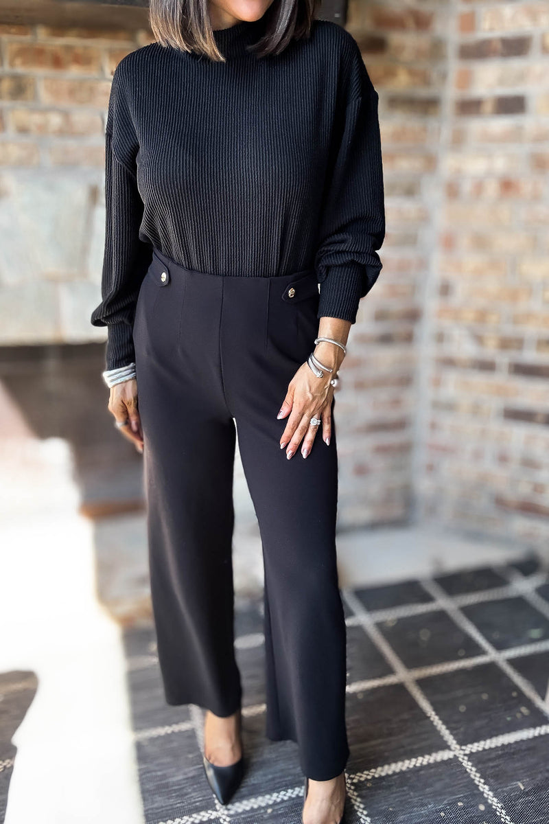 Black Jersey Darted Tab Trim Wide Leg Trousers