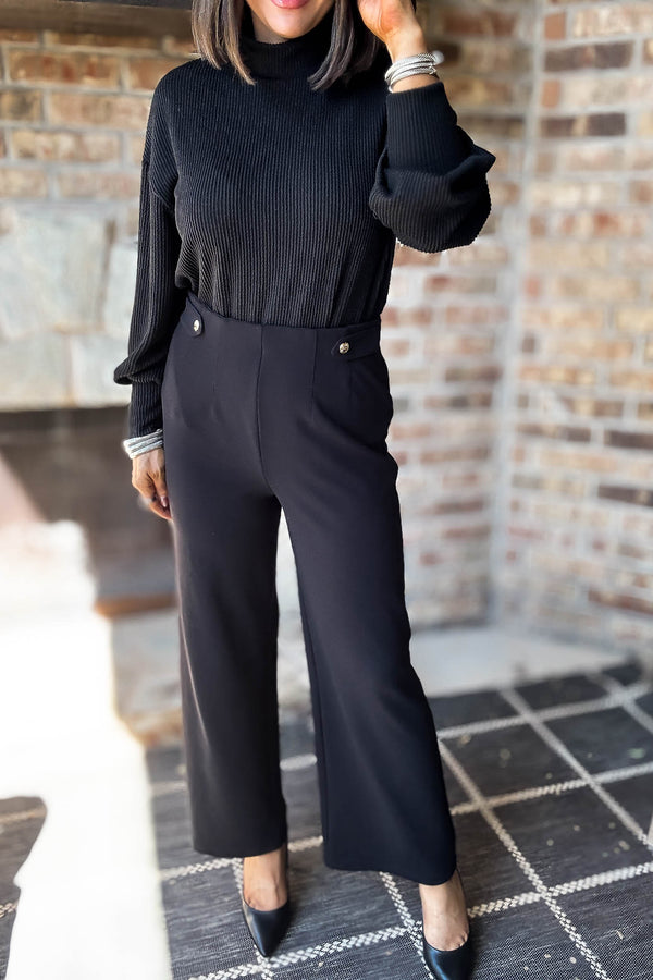 Black Jersey Darted Tab Trim Wide Leg Trousers