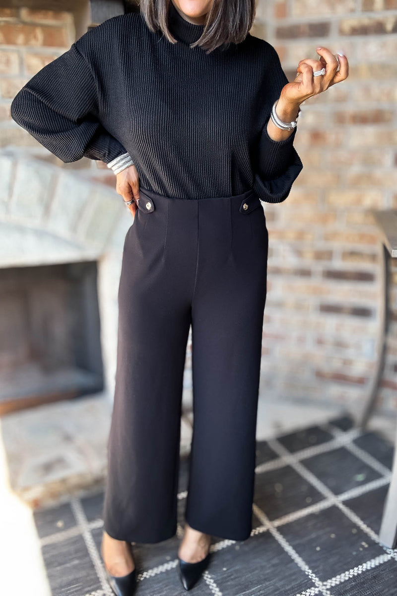 Black Jersey Darted Tab Trim Wide Leg Trousers