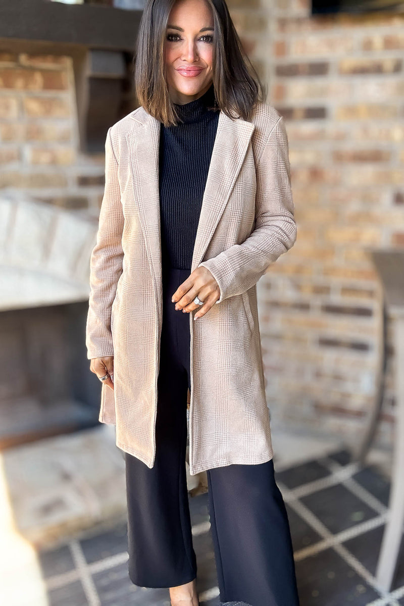 Camel Glen Check Suede Oversized Long Blazer Coat