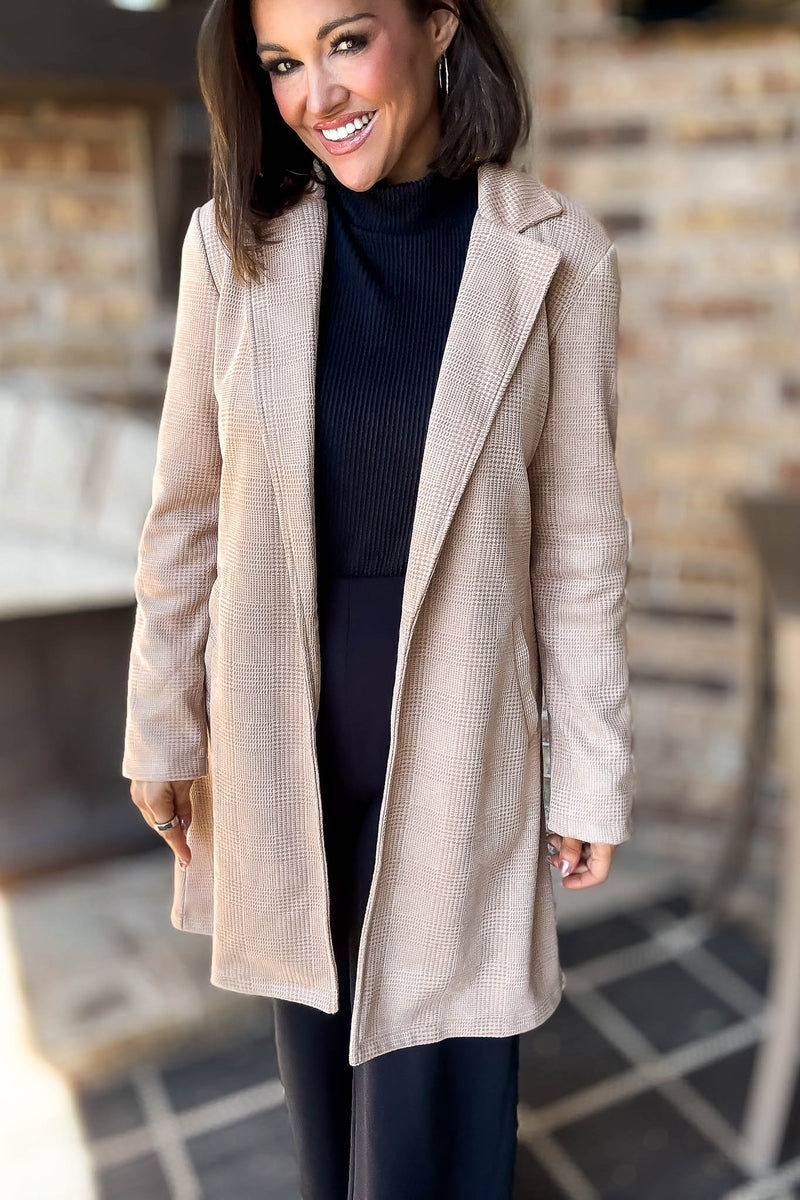 Camel Glen Check Suede Oversized Long Blazer Coat