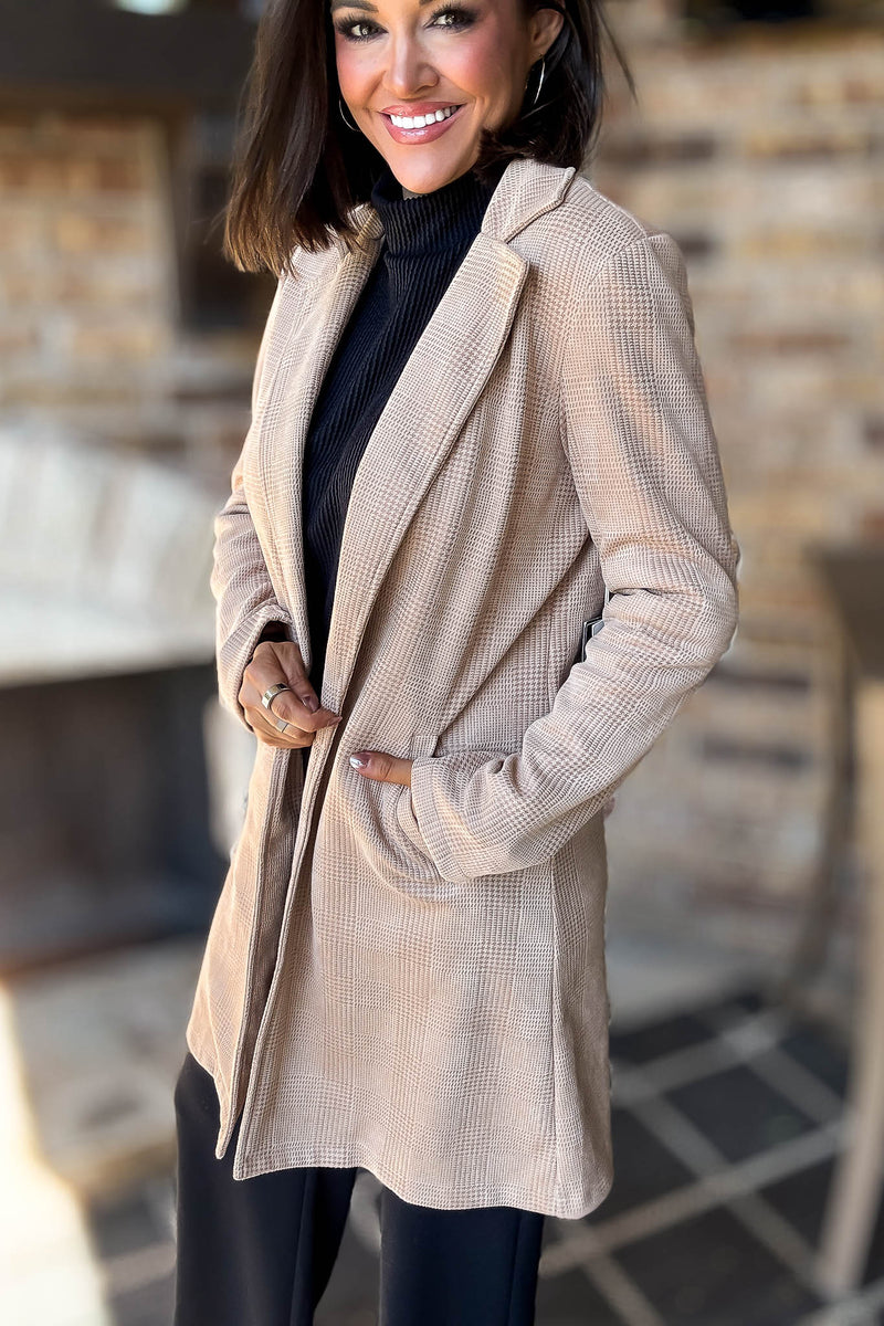 Camel Glen Check Suede Oversized Long Blazer Coat