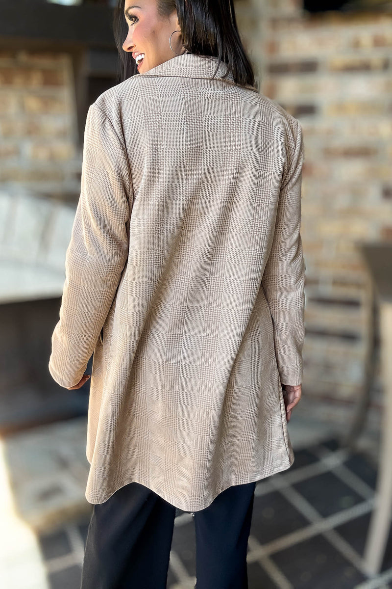 Camel Glen Check Suede Oversized Long Blazer Coat