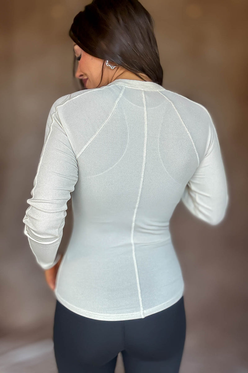 Essential Natural Long-sleeved Micro-ribbed Henley Top