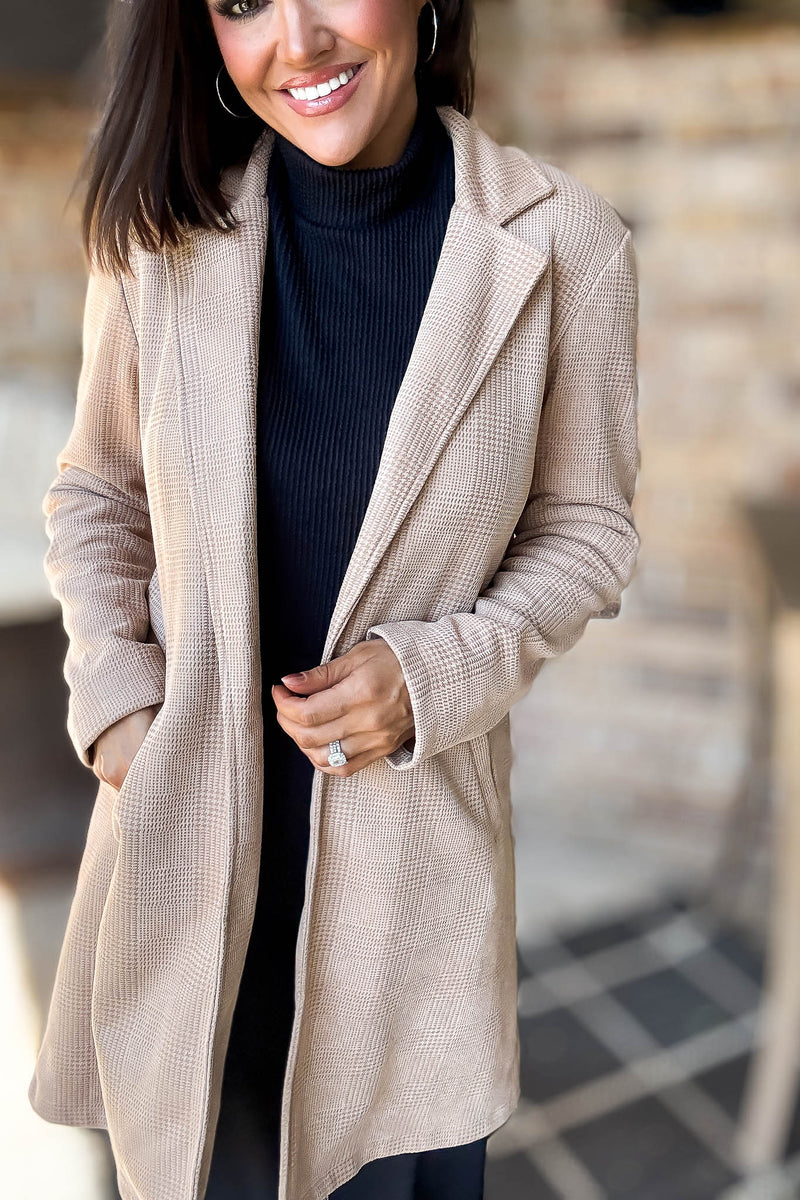 Camel Glen Check Suede Oversized Long Blazer Coat