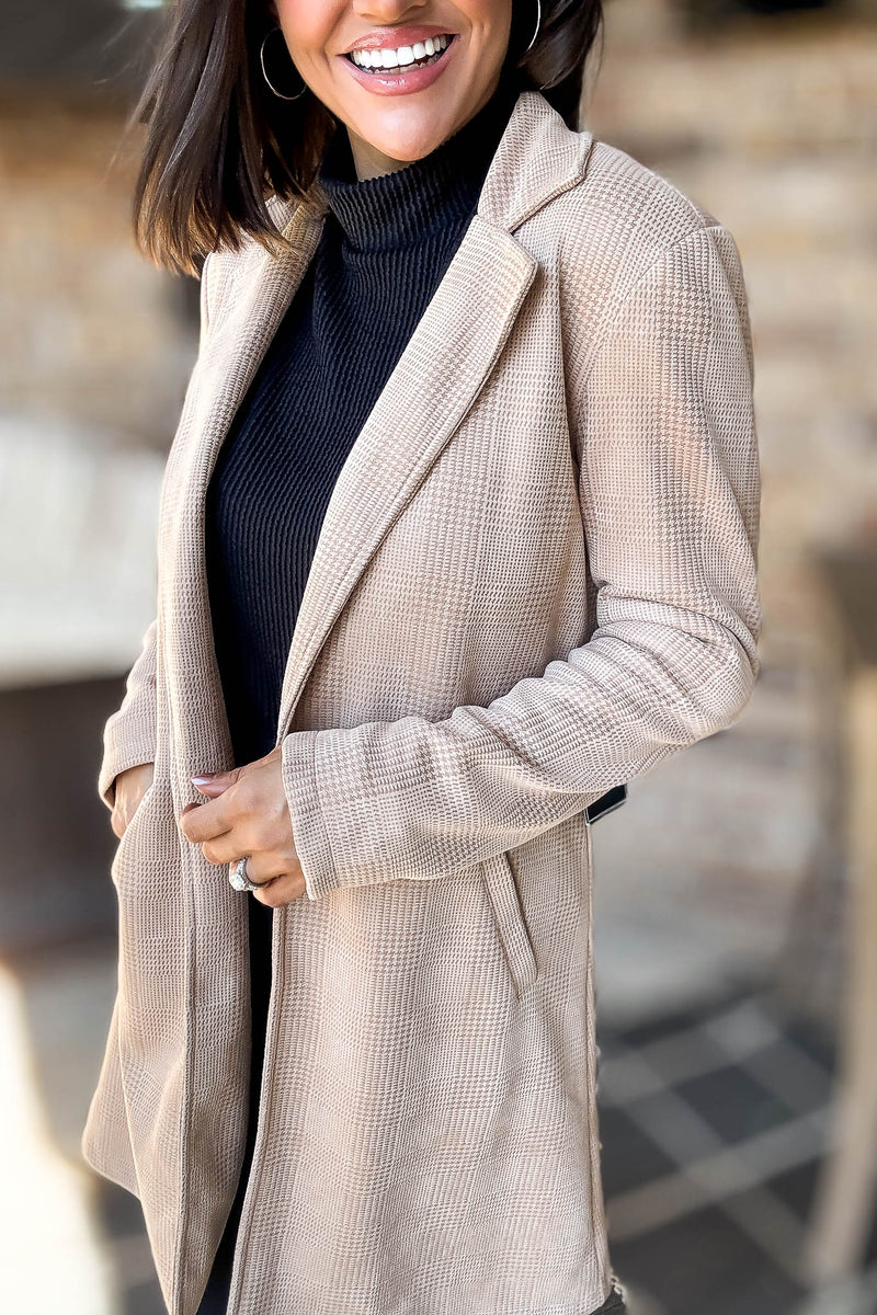 Camel Glen Check Suede Oversized Long Blazer Coat