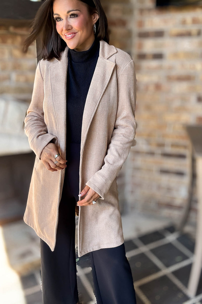 Camel Glen Check Suede Oversized Long Blazer Coat