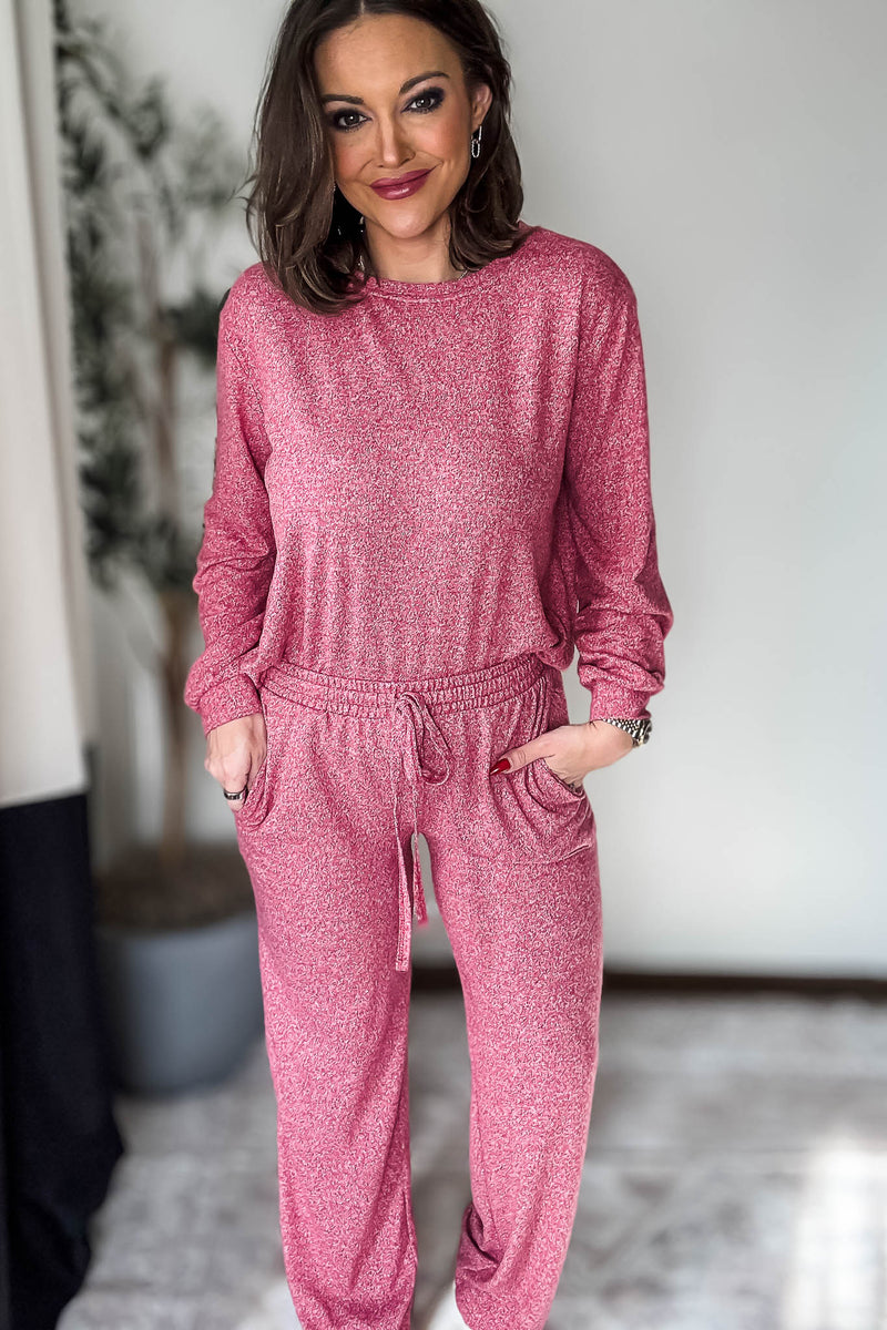 Soft Dark Red Melange Hacci Round Neck Long Sleeve Top