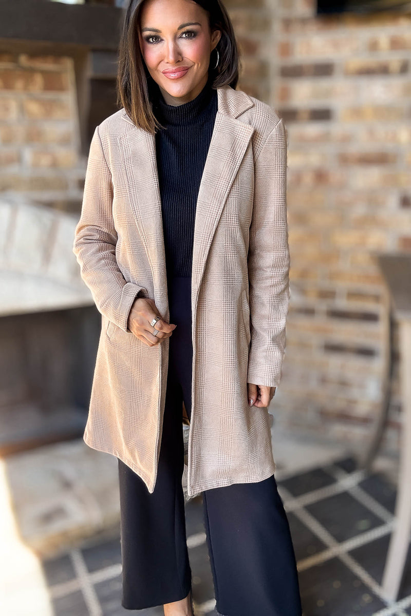 Camel Glen Check Suede Oversized Long Blazer Coat