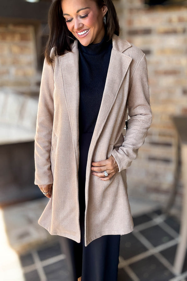 Camel Glen Check Suede Oversized Long Blazer Coat