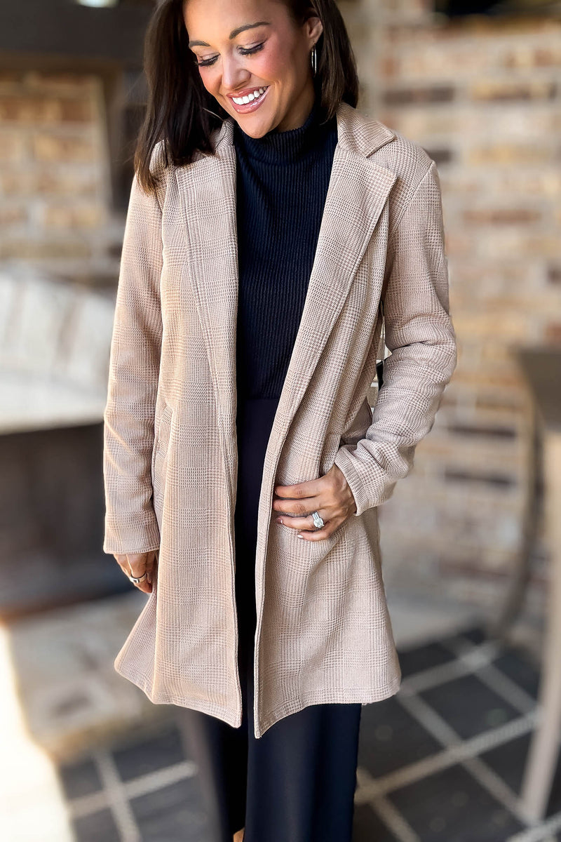 Camel Glen Check Suede Oversized Long Blazer Coat