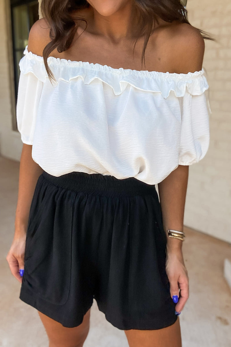 Solid Linen Ruched Pocket Black Paperbag Shorts