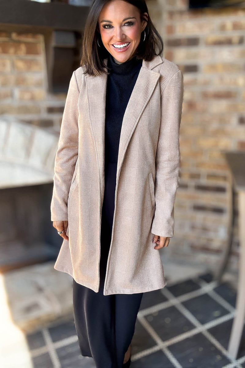 Camel Glen Check Suede Oversized Long Blazer Coat