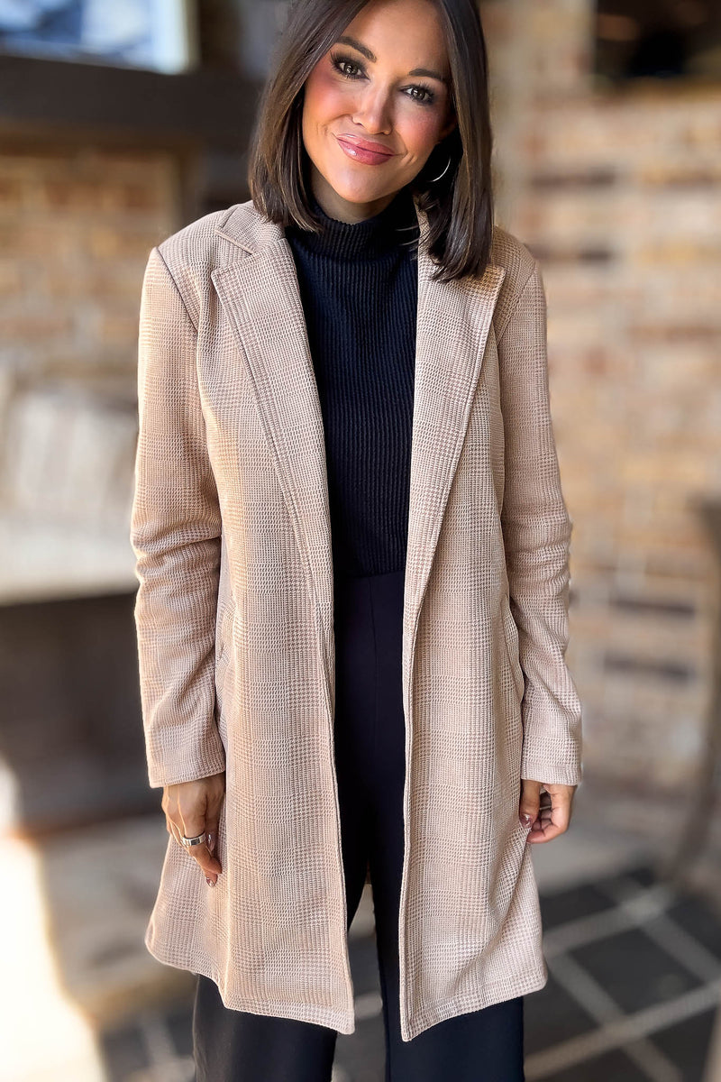 Camel Glen Check Suede Oversized Long Blazer Coat