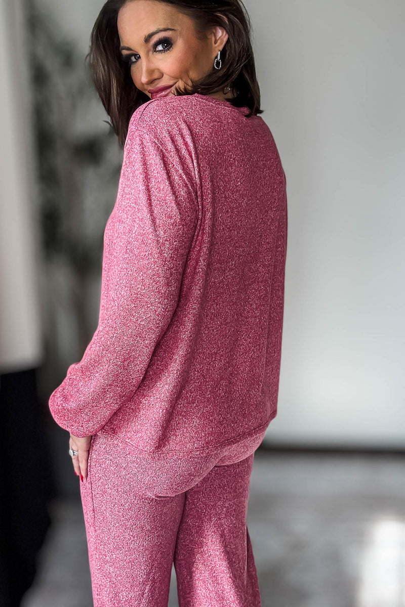 Soft Dark Red Melange Hacci Round Neck Long Sleeve Top