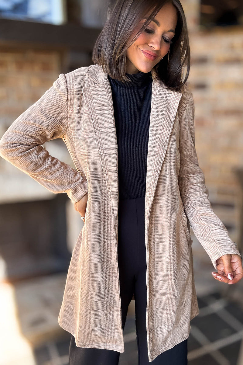 Camel Glen Check Suede Oversized Long Blazer Coat