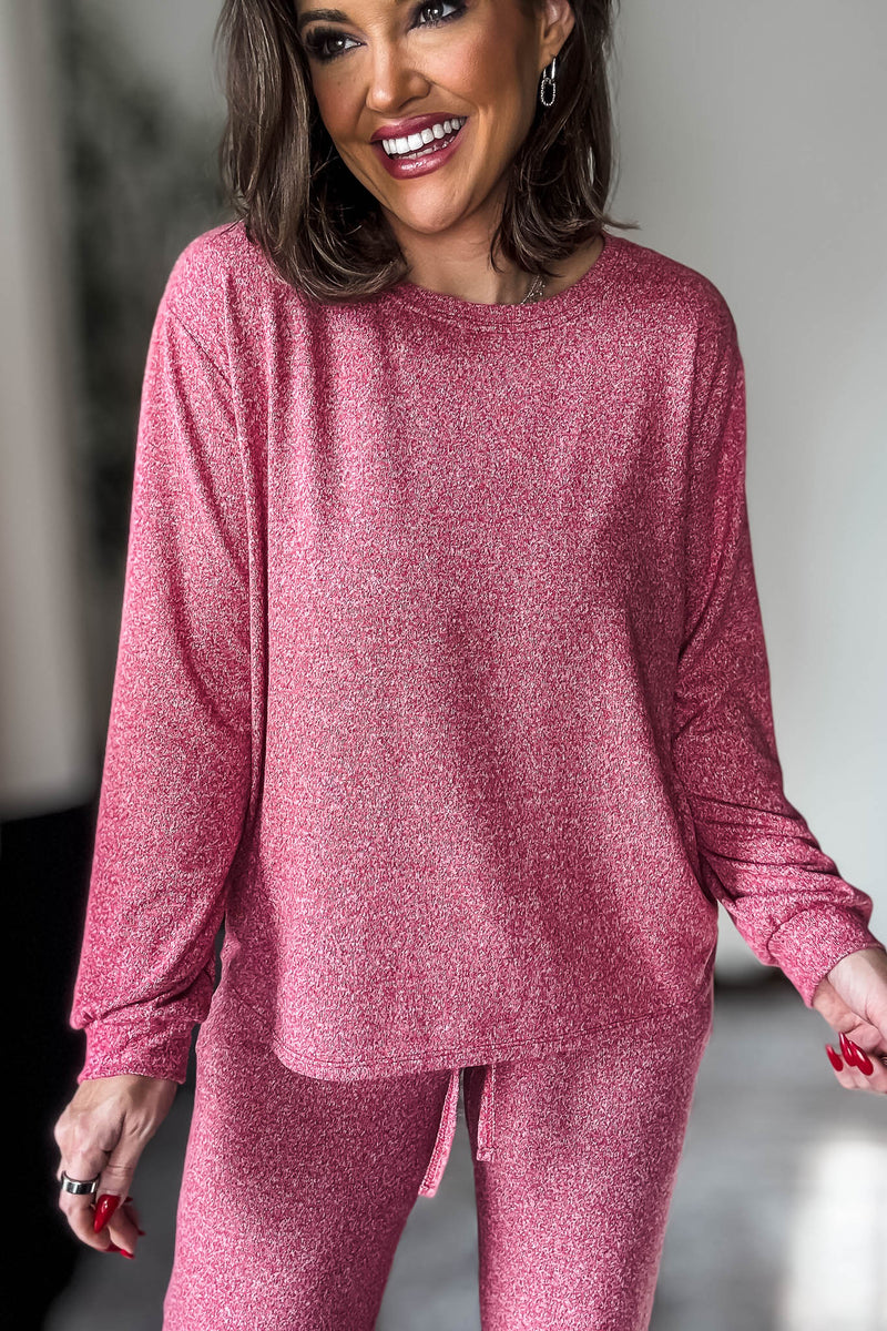 Soft Dark Red Melange Hacci Round Neck Long Sleeve Top