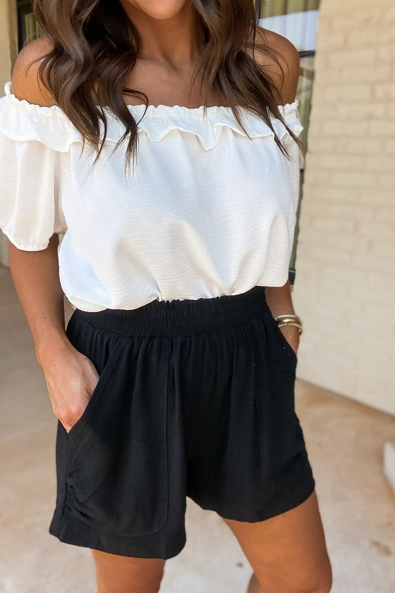 Solid Linen Ruched Pocket Black Paperbag Shorts
