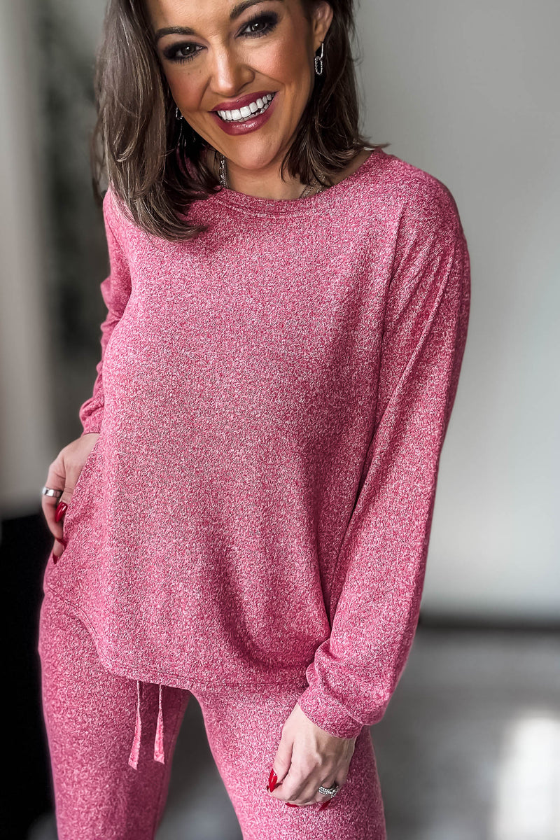 Soft Dark Red Melange Hacci Round Neck Long Sleeve Top
