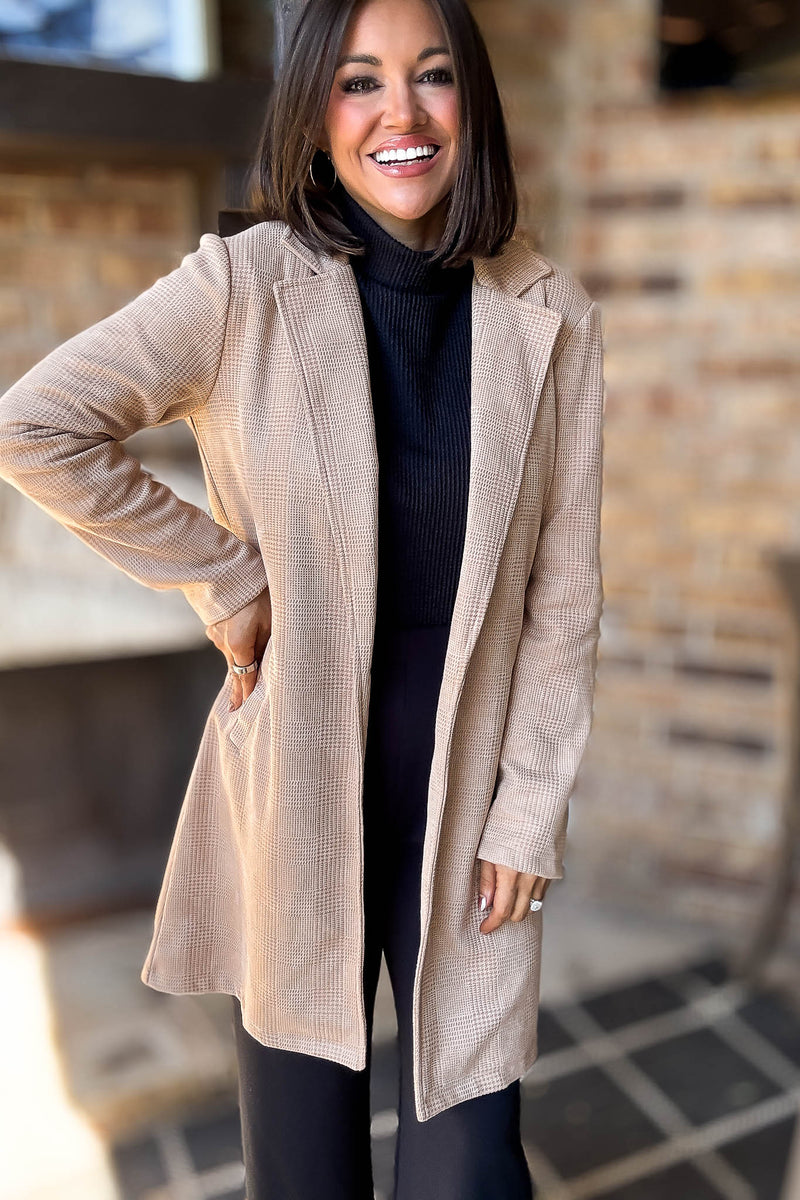 Camel Glen Check Suede Oversized Long Blazer Coat