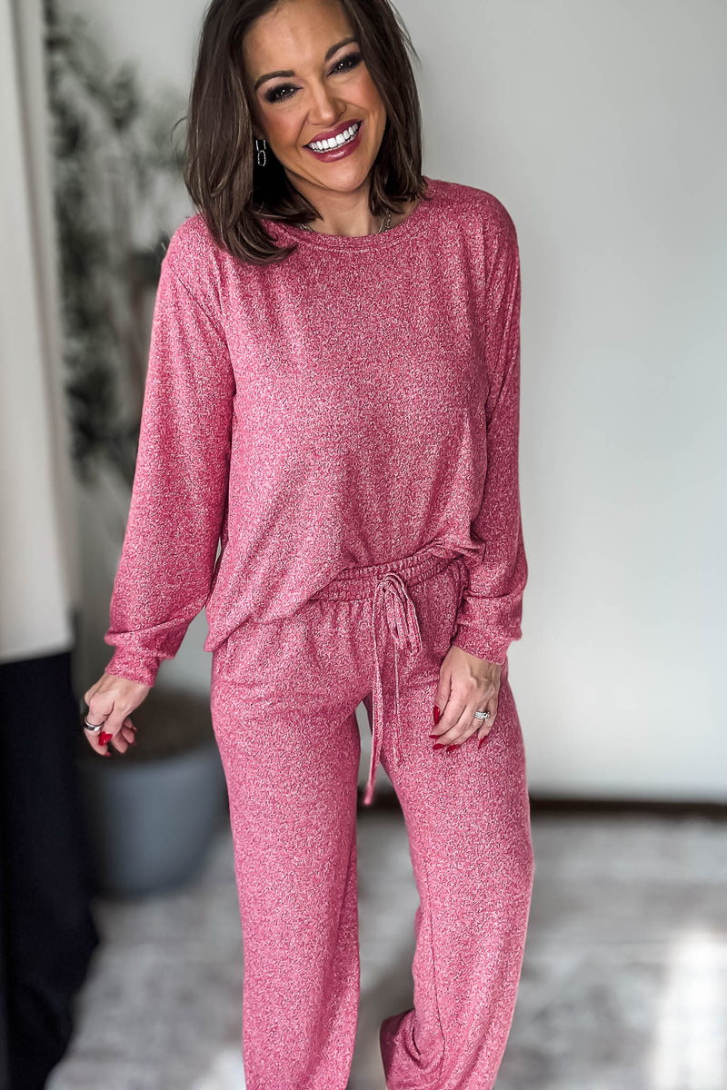 Soft Dark Red Melange Hacci Round Neck Long Sleeve Top