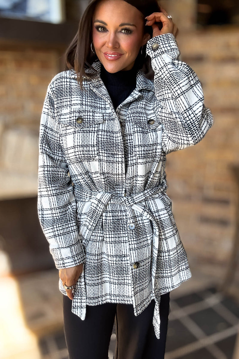 Ivory Tartan Tweed Front Tie Oversized Shacket