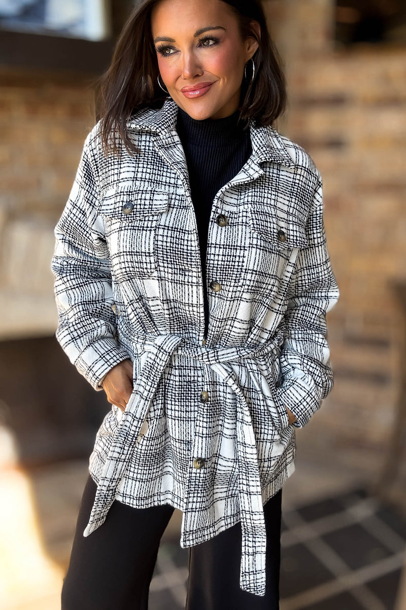 Ivory Tartan Tweed Front Tie Oversized Shacket