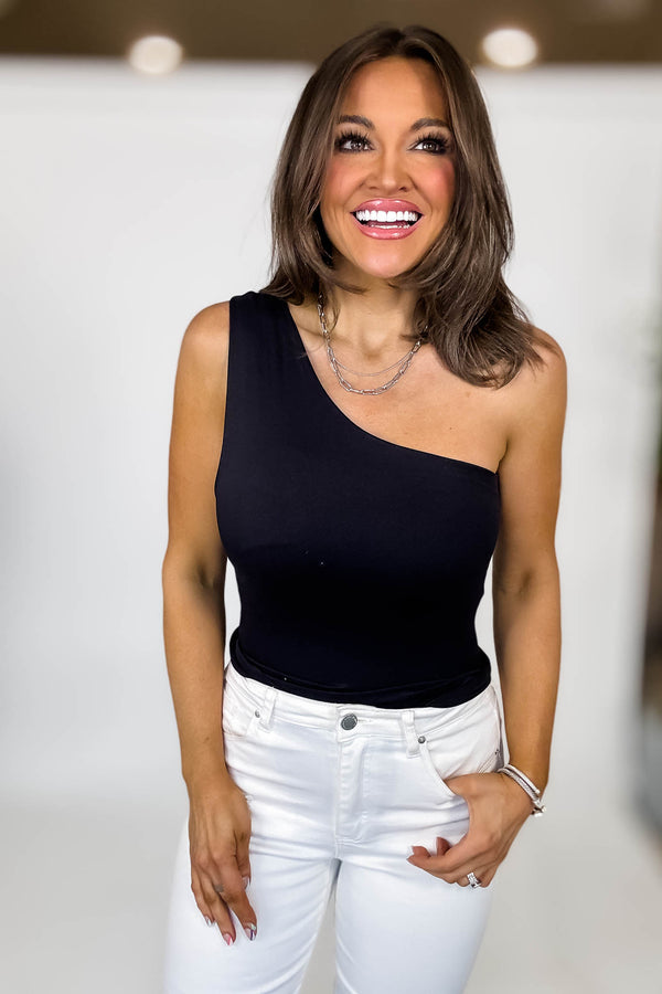 Clean Line Square Shirred One Shoulder Black Top
