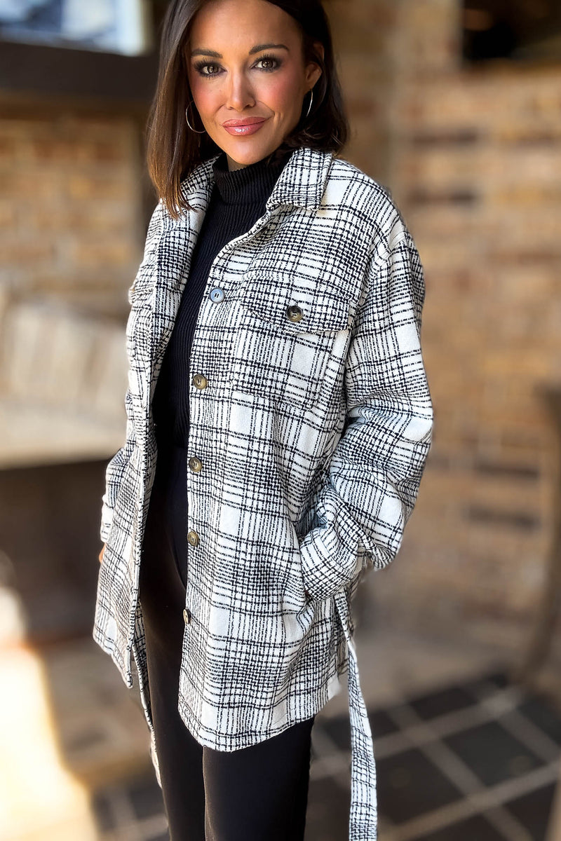 Ivory Tartan Tweed Front Tie Oversized Shacket