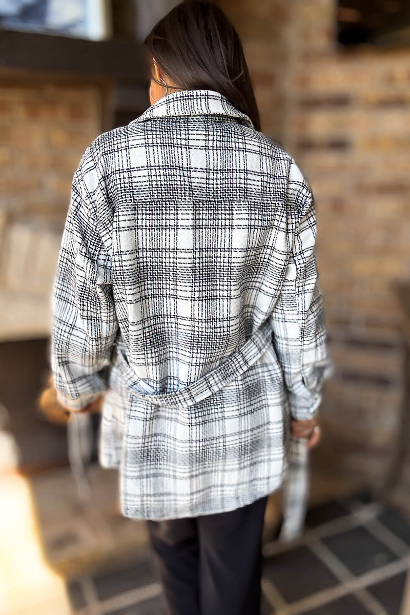 Ivory Tartan Tweed Front Tie Oversized Shacket