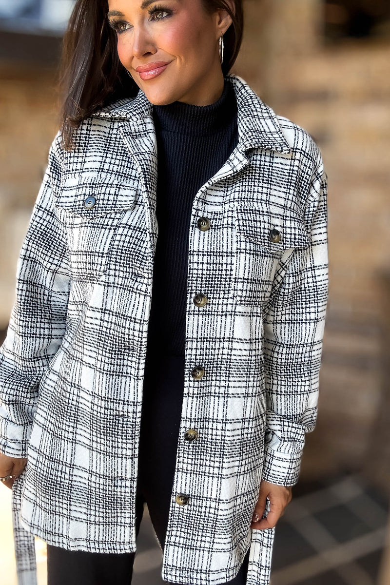 Ivory Tartan Tweed Front Tie Oversized Shacket