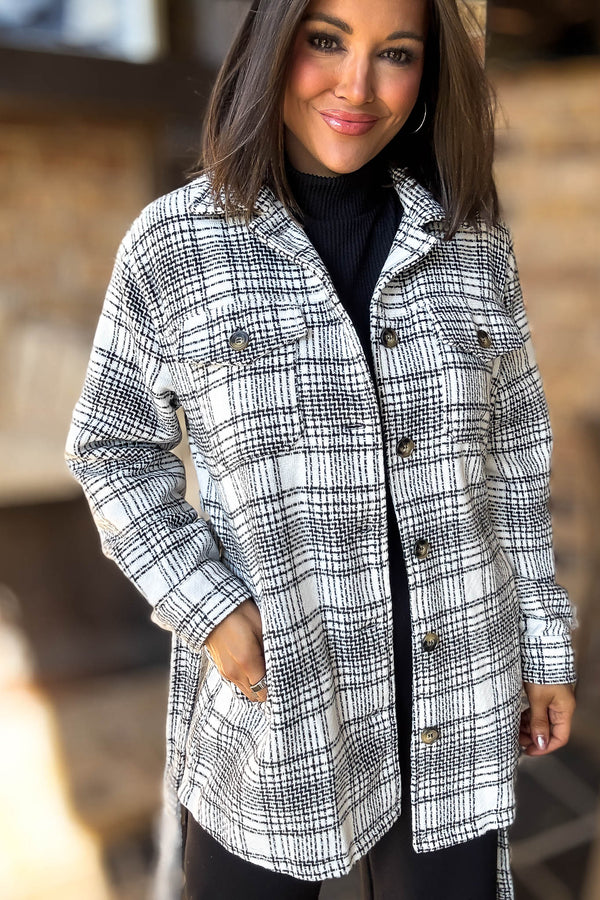 Ivory Tartan Tweed Front Tie Oversized Shacket