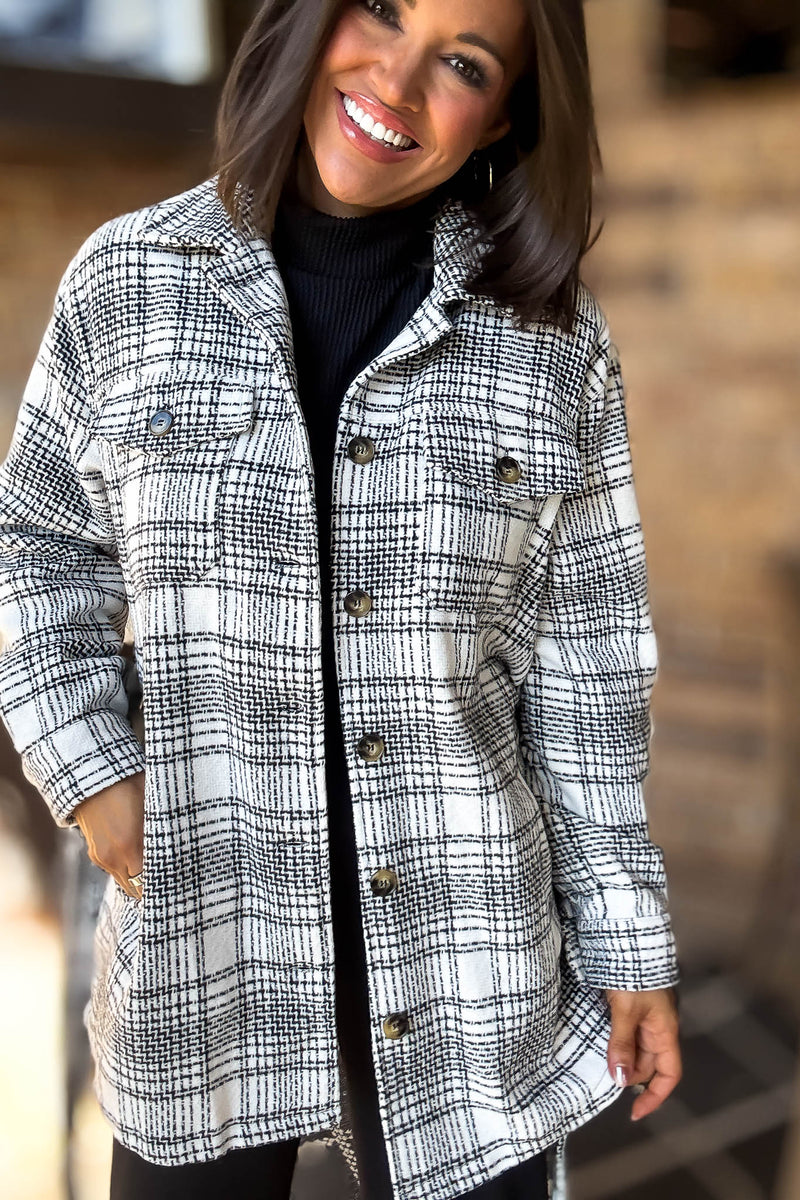 Ivory Tartan Tweed Front Tie Oversized Shacket