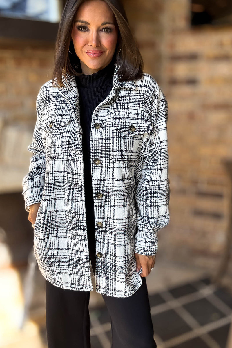 Ivory Tartan Tweed Front Tie Oversized Shacket