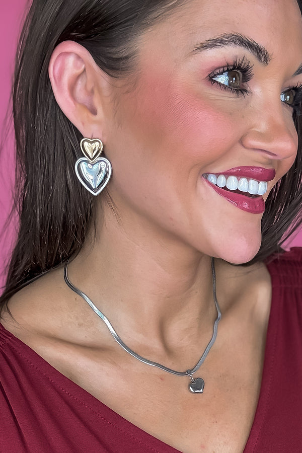 Double Heart Gold And Silver Dangle Earrings