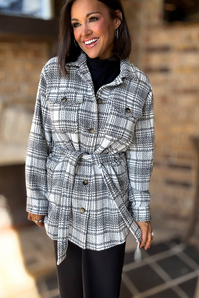 Ivory Tartan Tweed Front Tie Oversized Shacket
