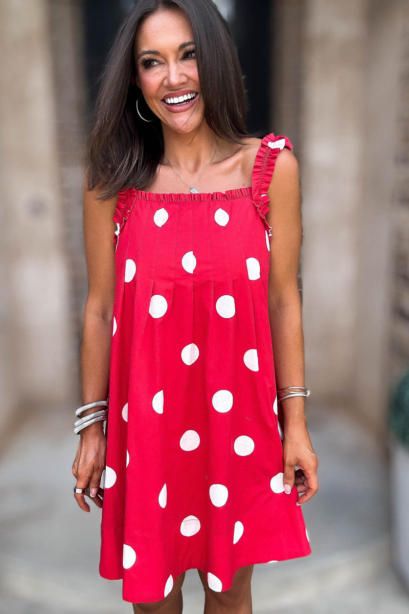 Red Magical Polka Dot Ruffle Shoulder Strap Pleated Mini Dress