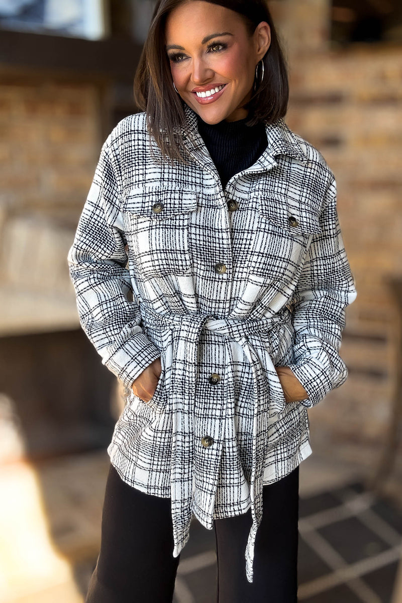 Ivory Tartan Tweed Front Tie Oversized Shacket