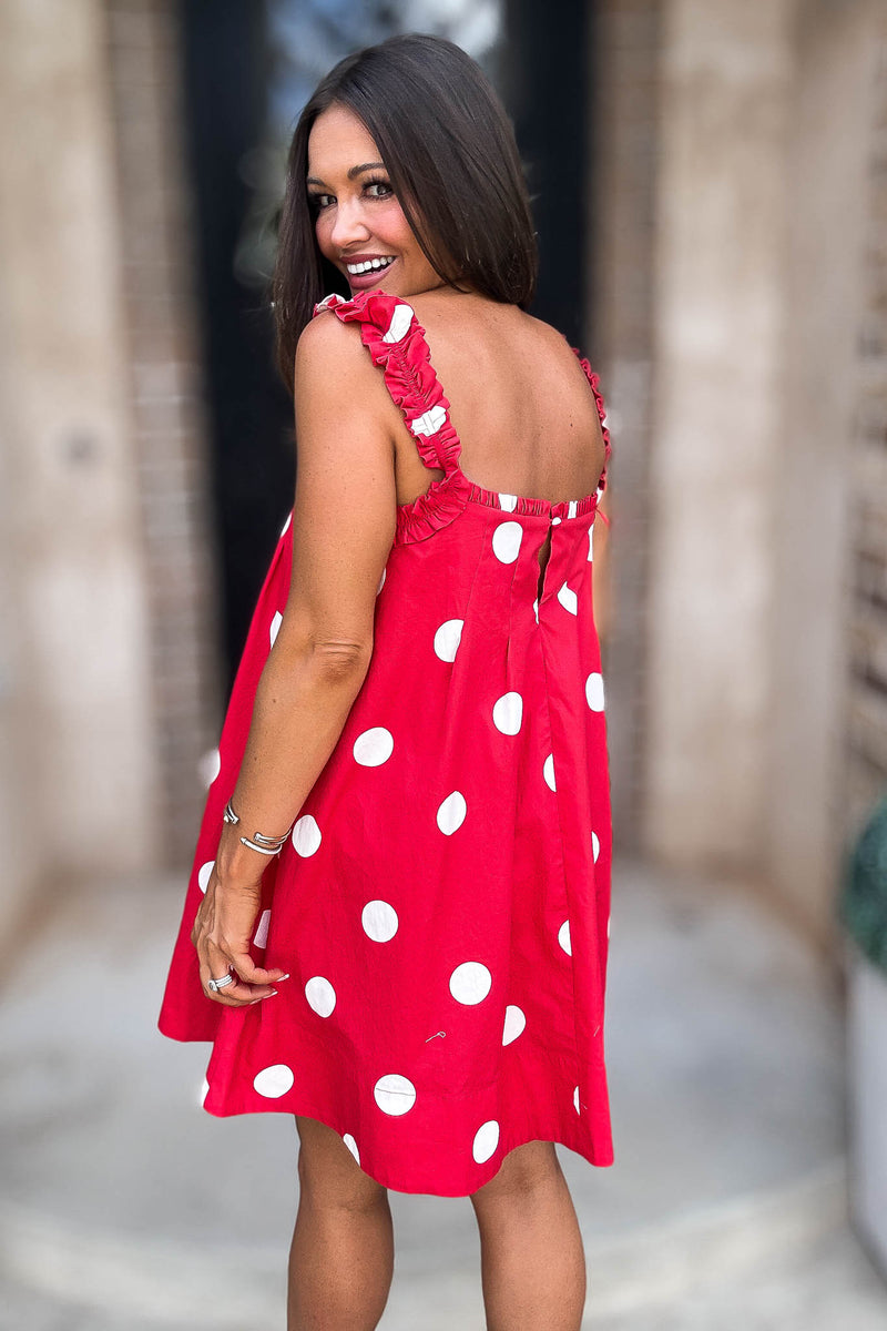 Red Magical Polka Dot Ruffle Shoulder Strap Pleated Mini Dress