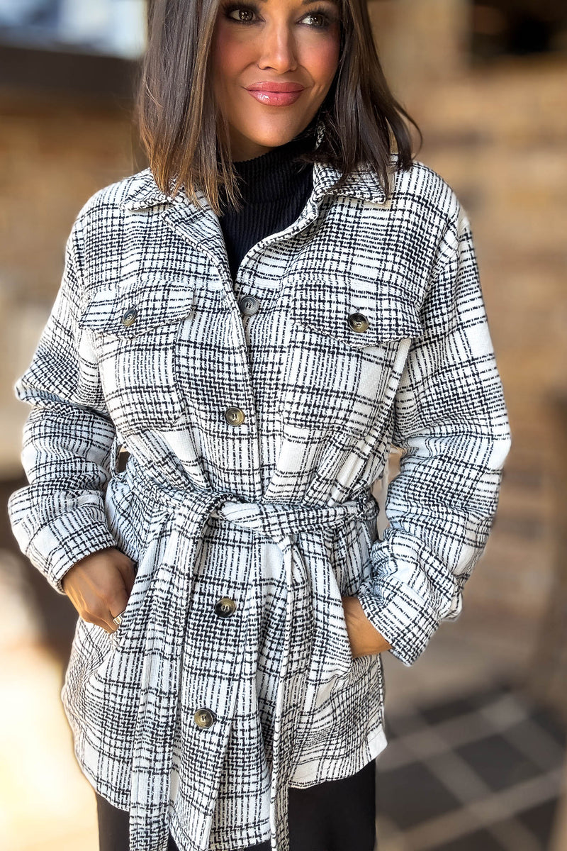 Ivory Tartan Tweed Front Tie Oversized Shacket