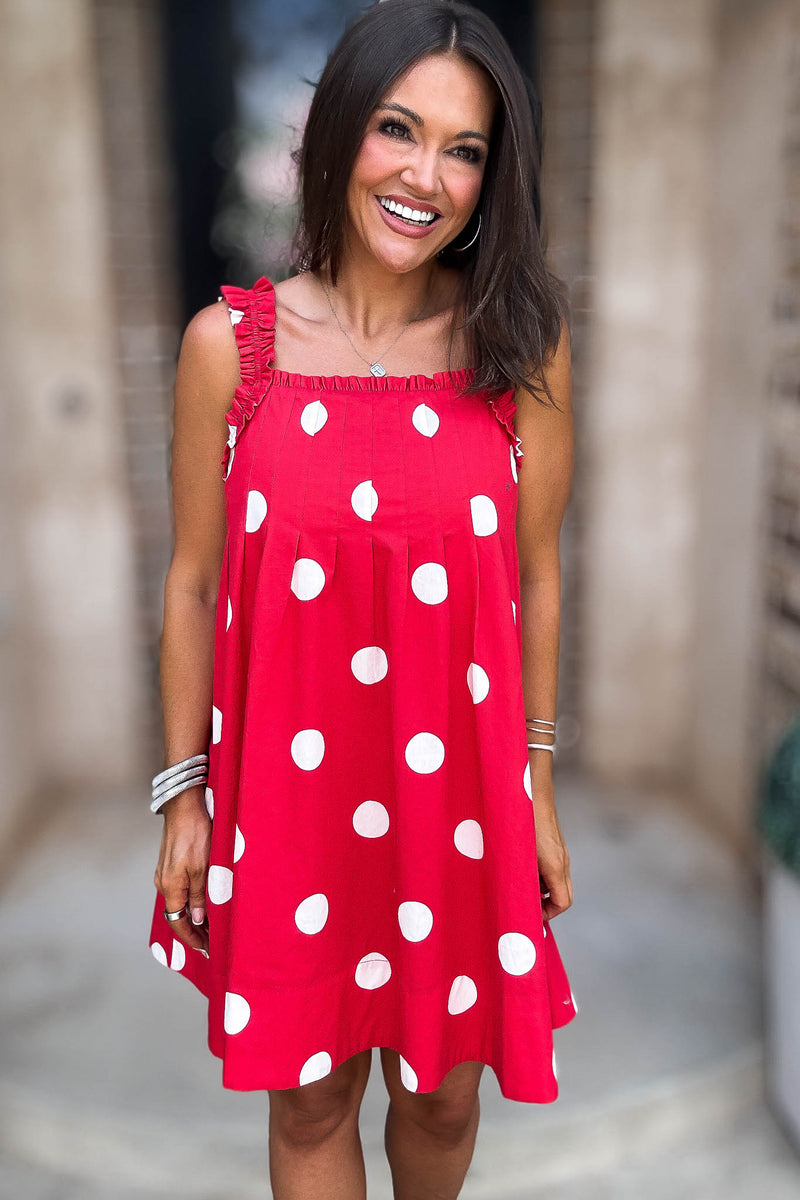 Red Magical Polka Dot Ruffle Shoulder Strap Pleated Mini Dress