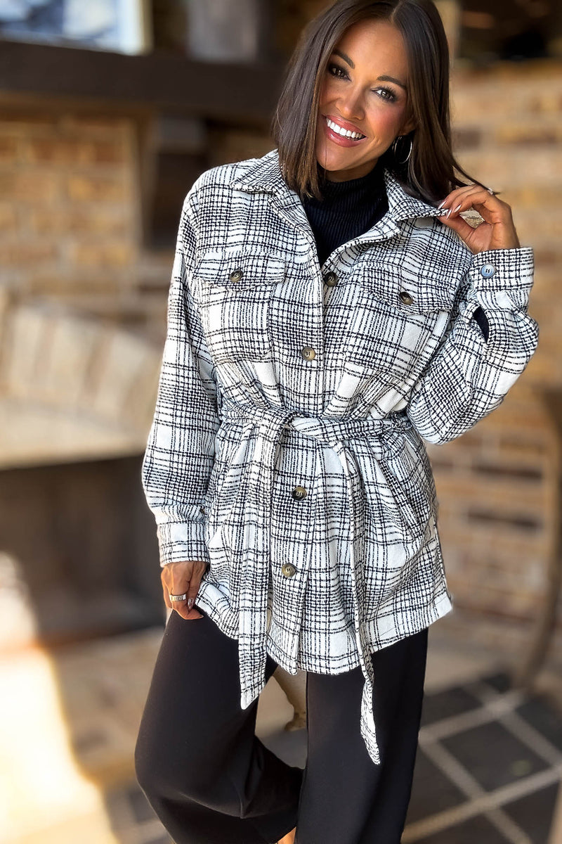 Ivory Tartan Tweed Front Tie Oversized Shacket